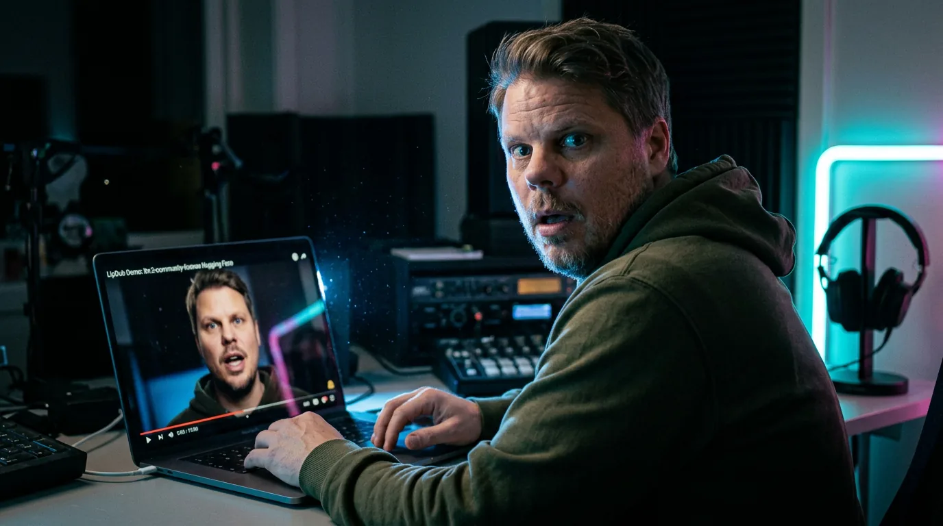 Jan Sverre ser på en lipsync-demo fra LipDub i mørkt rom, skjermen kaster blått lys over ansiktet hans
