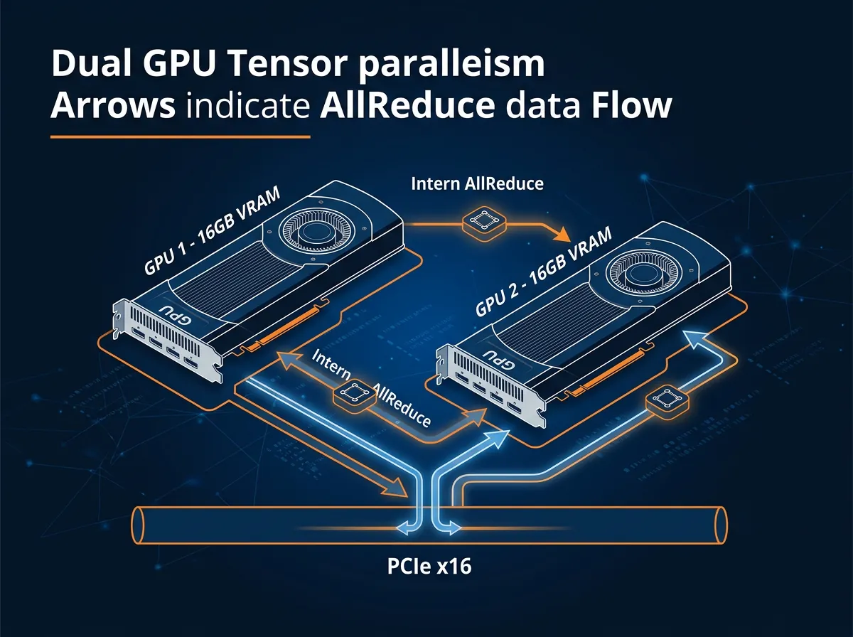 Diagram som viser tensor parallelism-arkitektur med to GPU-kort koblet via PCIe og intern AllReduce-kommunikasjon