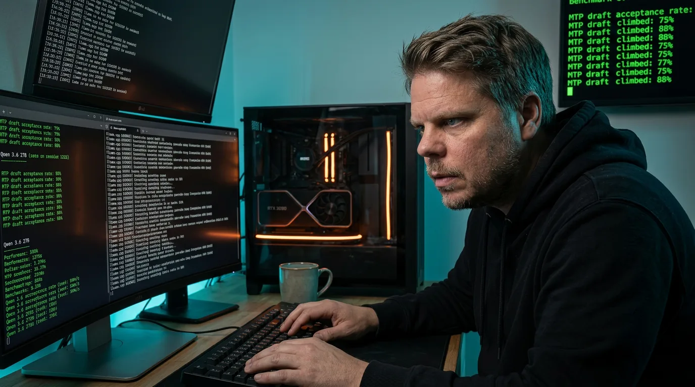 Jan Sverre jobber i hjemmelaben om natten med llama.cpp og Qwen 3.6 27B MTP på RTX 3090