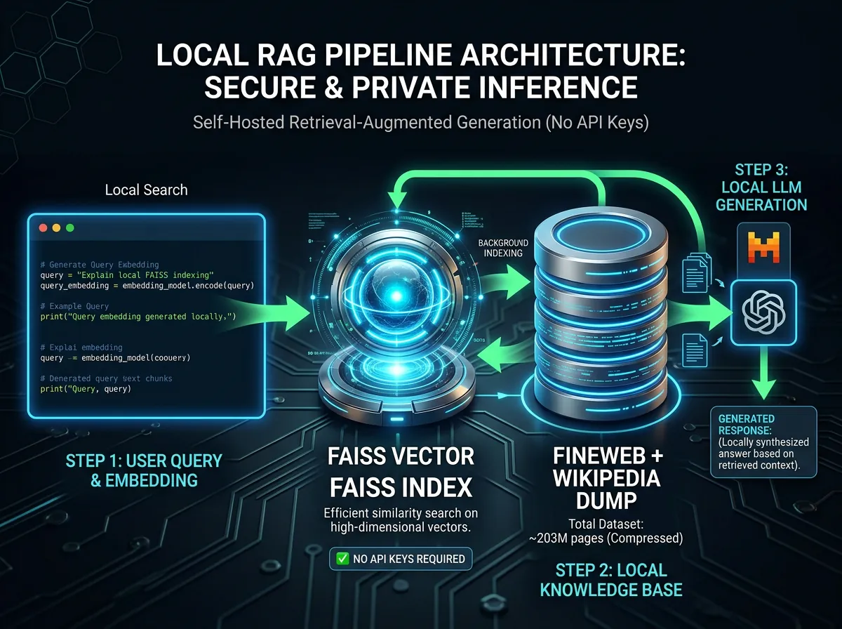Teknisk diagram over lokal RAG-pipeline med FAISS-indeks og 203 millioner indekserte nettsider fra FineWeb og Wikipedia