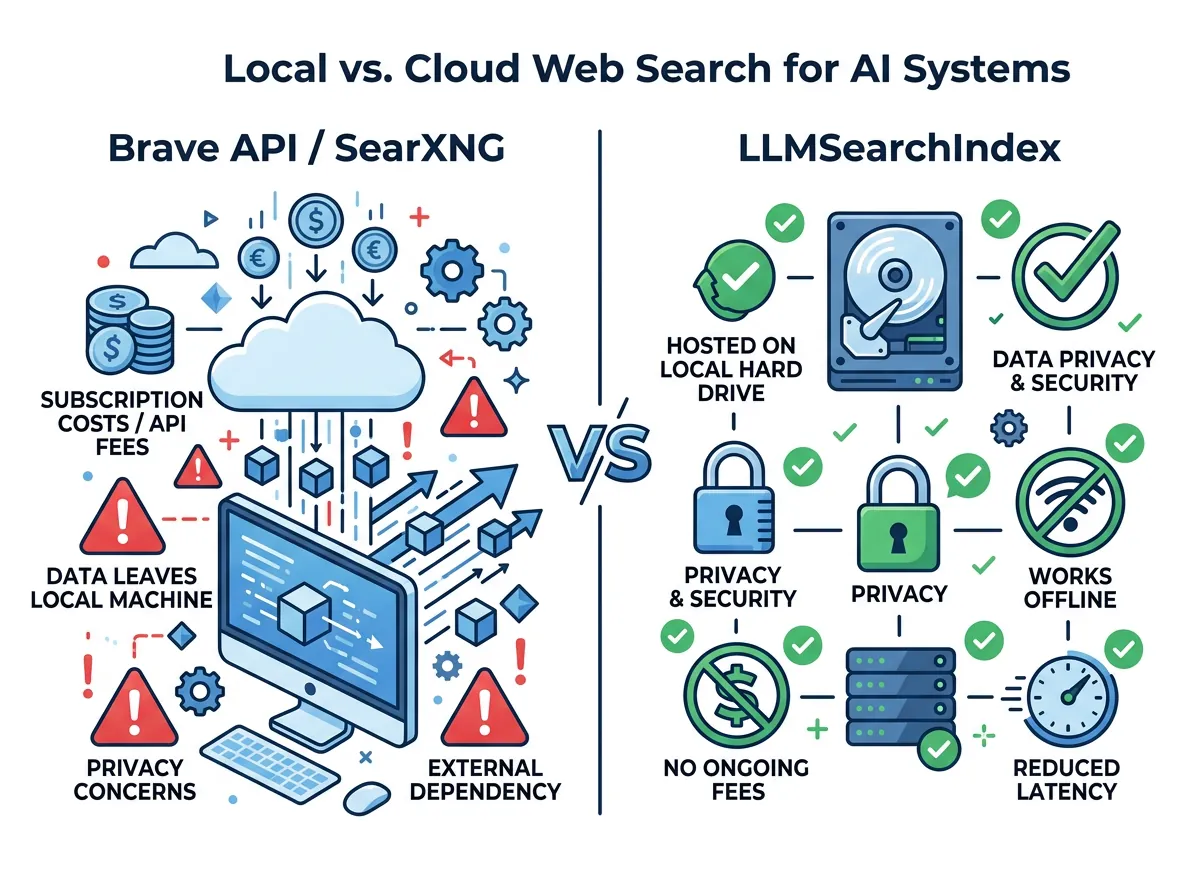 Sammenligning av LLMSearchIndex mot Brave Search API og SearXNG - lokal søk uten kostnad per spørsmål og full personvern