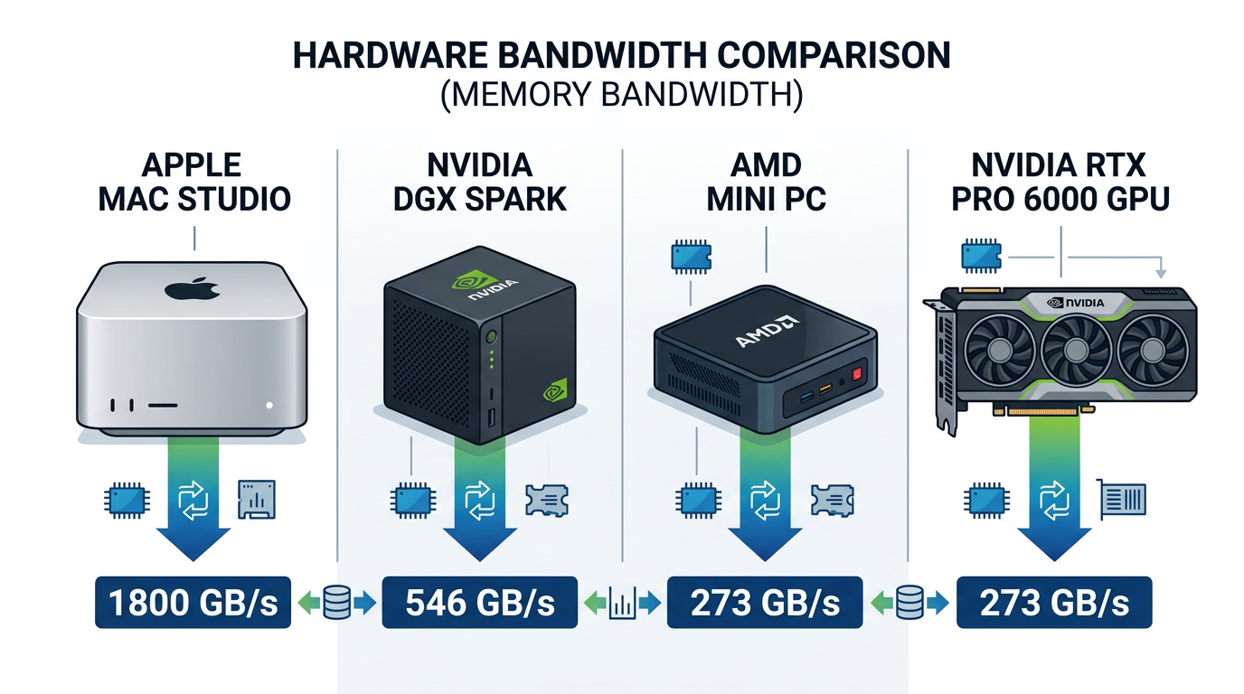 Teknisk sammenligning av minnebåndbredde for M5 Max, DGX Spark, Strix Halo og RTX Pro 6000