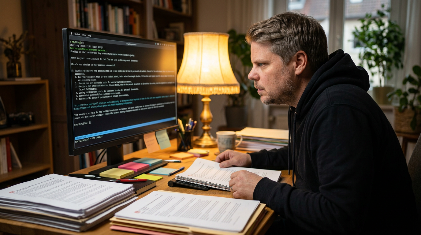 Jan Sverre ved skrivebordet med lokale AI-dokumenter og privat kunnskapsbase på skjermen