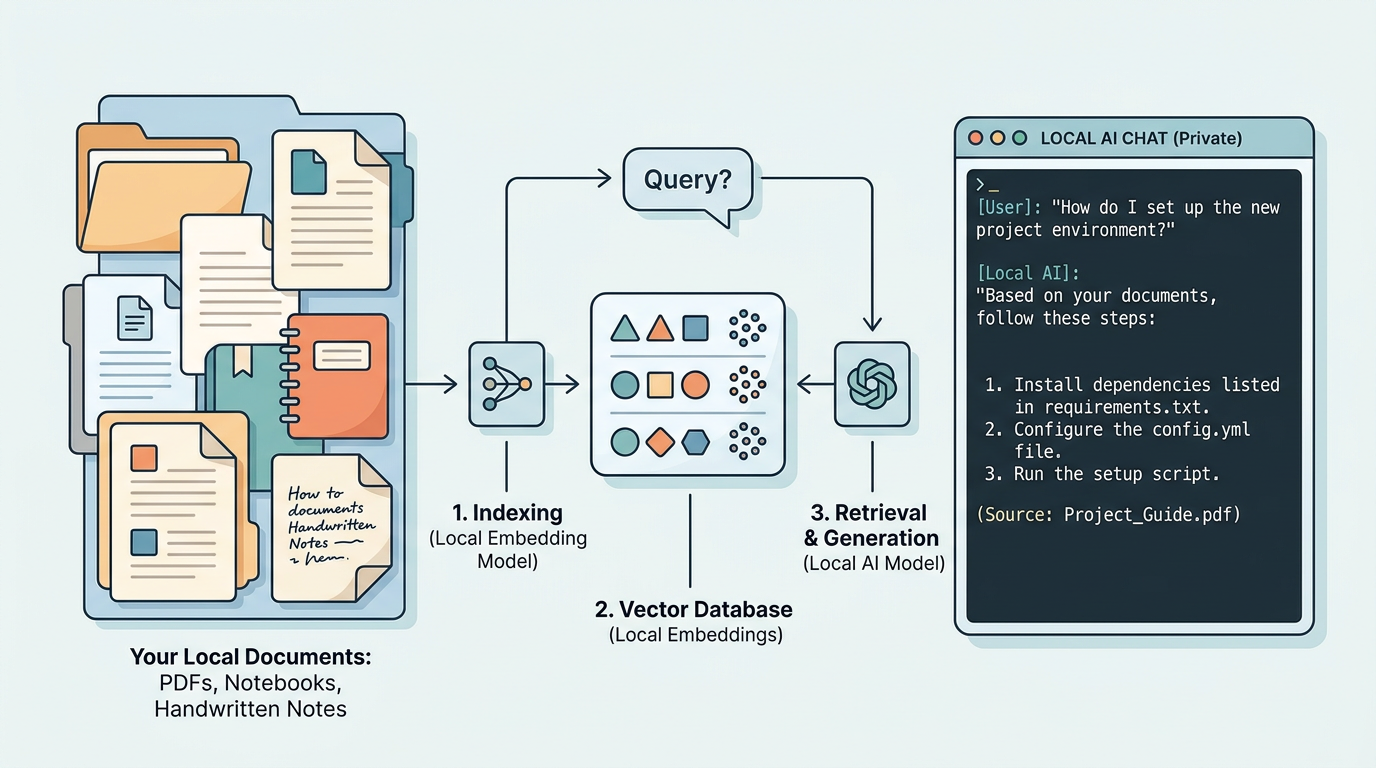 Diagram over lokal RAG-arkitektur med dokumenter, embeddings og vektordatabase