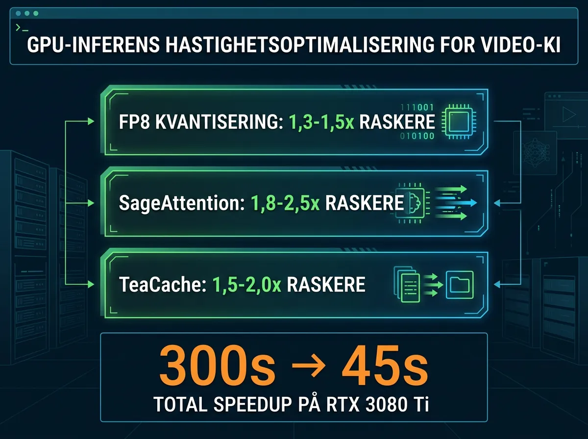 Infografik som viser speedup fra FP8-kvantisering, SageAttention og TeaCache kombinert - 300 sekunder ned til 45 sekunder på RTX 3080 Ti