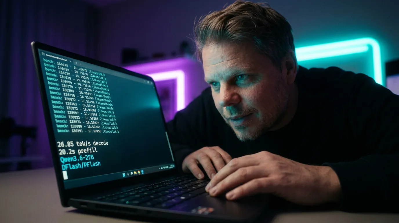 Jan Sverre ser på benchmarkresultater fra Luce DFlash på AMD Ryzen AI MAX+ 395 med Qwen3.6-27B