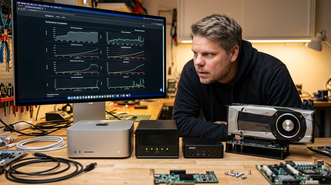 Jan Sverre undersøker benchmark-resultater fra M5 Max, DGX Spark, Strix Halo og RTX Pro 6000 side om side