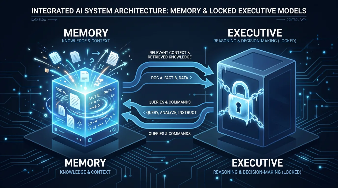 Diagram over MEMO-arkitekturen med MEMORY-modell og EXECUTIVE-modell som kommuniserer