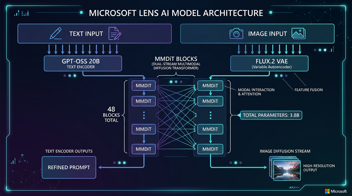 Teknisk diagram av Microsoft Lens AI-modellarkitektur med MMDiT dual-stream diffusjonstransformer
