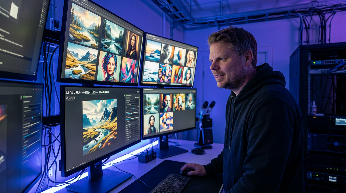Jan Sverre studerer Microsoft Lens bildegenerering på skjermen i et moderne tech-laboratorium