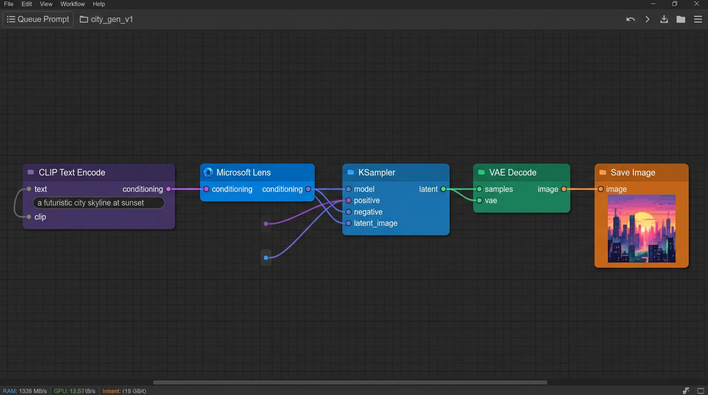 ComfyUI node graph med Microsoft Lens modell koblet i en bildegenererings-workflow