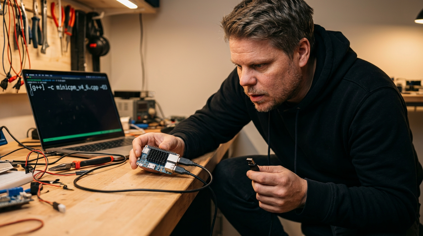 Jan Sverre undersøker Orange Pi AIPro single-board computer med Ascend 310B NPU på arbeidsbenk