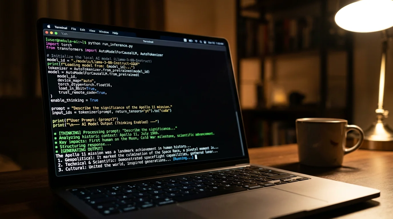 Terminal som viser Python-kode for å kjøre MiniCPM5-1B lokalt med Transformers og enable_thinking