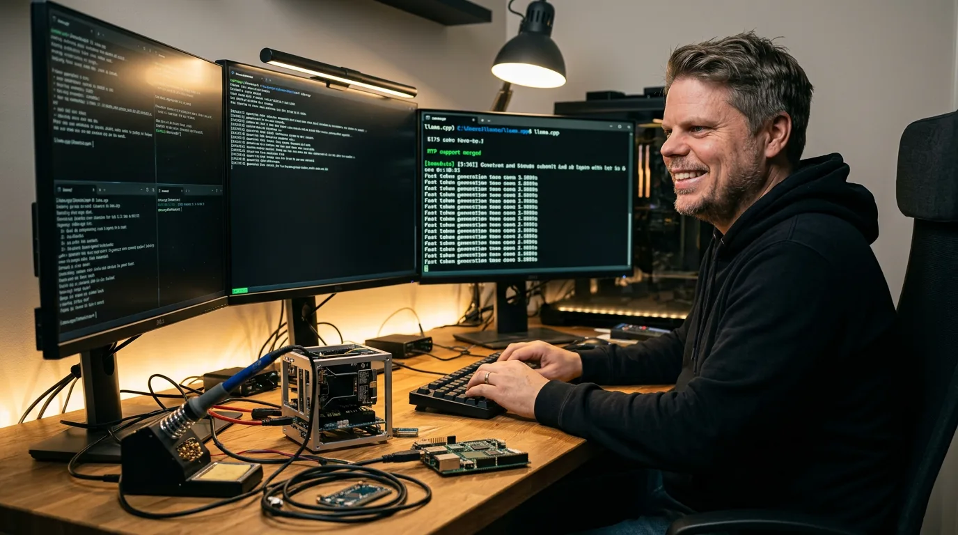 Jan Sverre ved skrivebordet med llama.cpp-terminaler som viser MTP-aktivert inferens