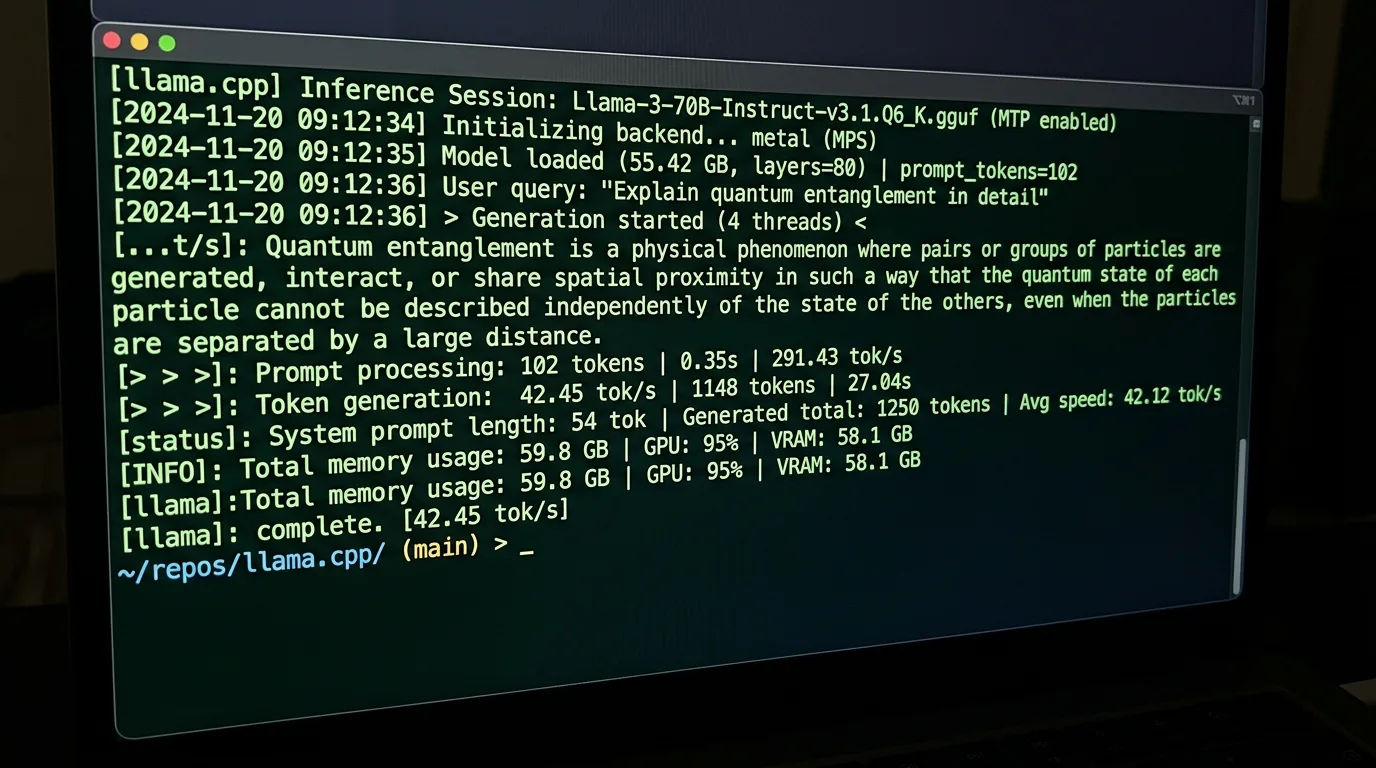 llama.cpp terminal som viser 42 tokens per sekund med MTP aktivert