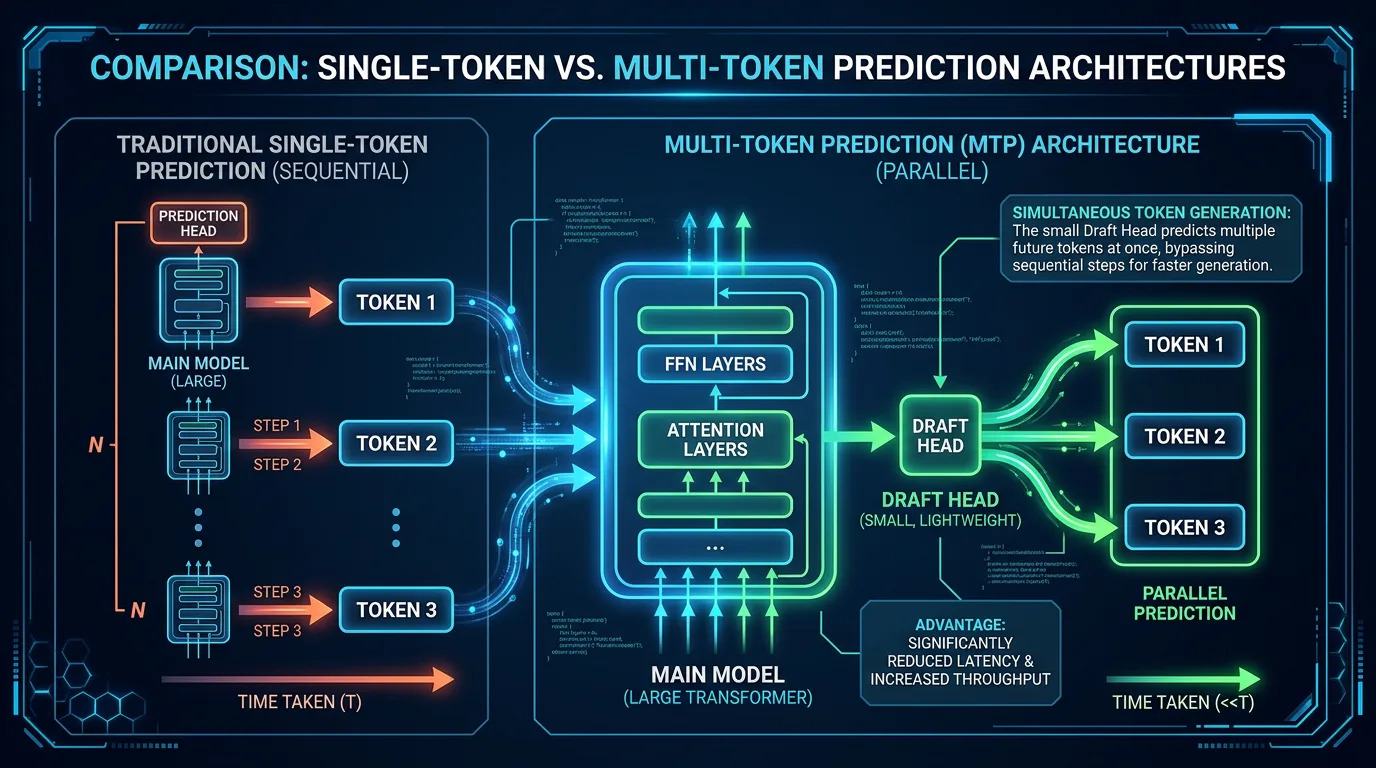 Diagram som viser hvordan Multi-Token Prediction predikerer flere tokens parallelt