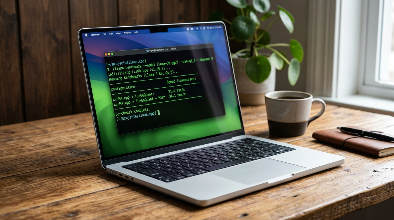 MacBook Pro på skrivebord med terminal som viser benchmark-resultater: 21 tokens per sekund uten MTP og 34 med MTP