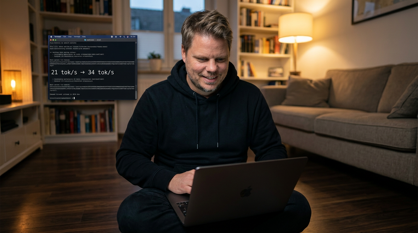 Jan Sverre Bauge sitter med MacBook Pro og ser på terminalen som viser MTP-ytelse på 34 tokens per sekund