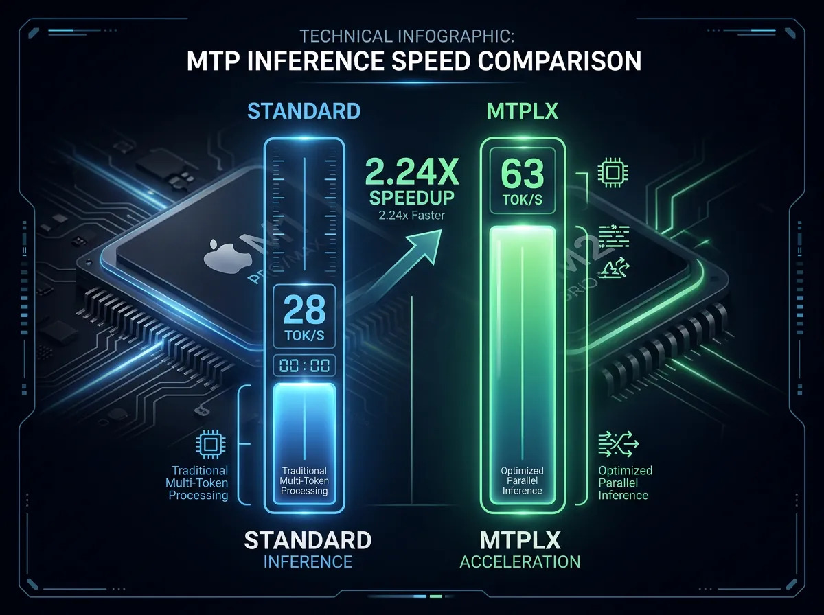 Ytelsessammenligning mellom standard inferens og MTPLX - 28 tokens per sekund mot 63 tokens per sekund på Apple Silicon M5 Max