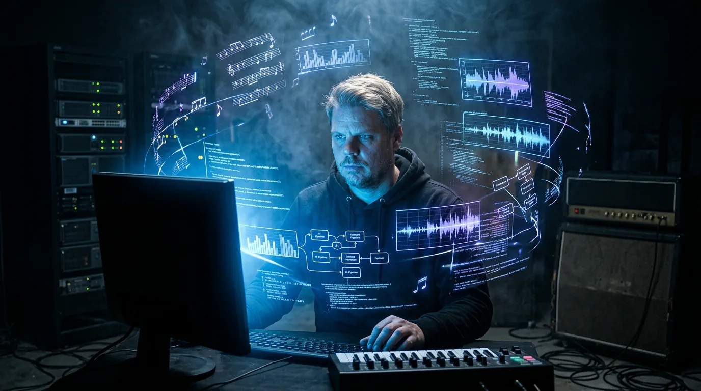 Jan Sverre lager AI-musikkvideo i blålig digitalt rom omgitt av musikknoder og kode