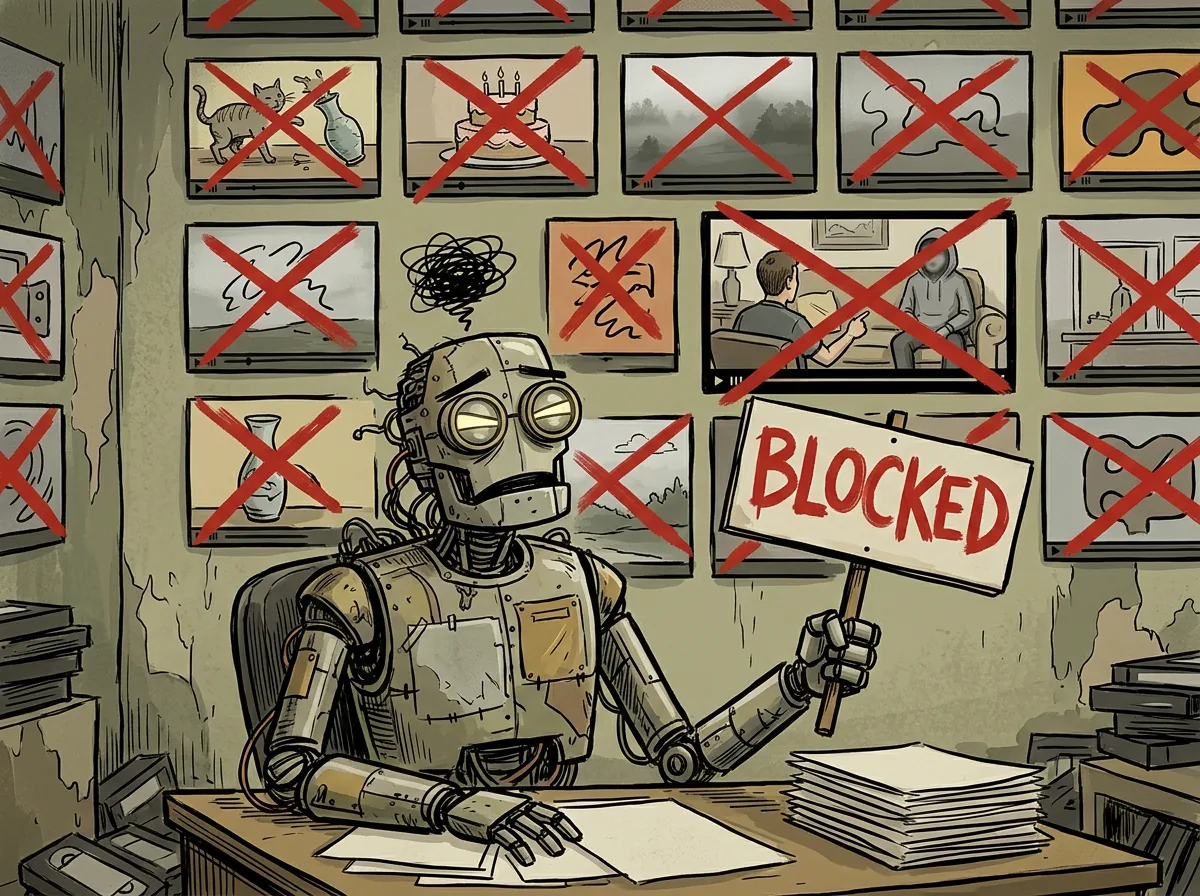 Illustrasjon av innholdsfilter som blokkerer videoprompts under AI-musikkvideo-produksjon