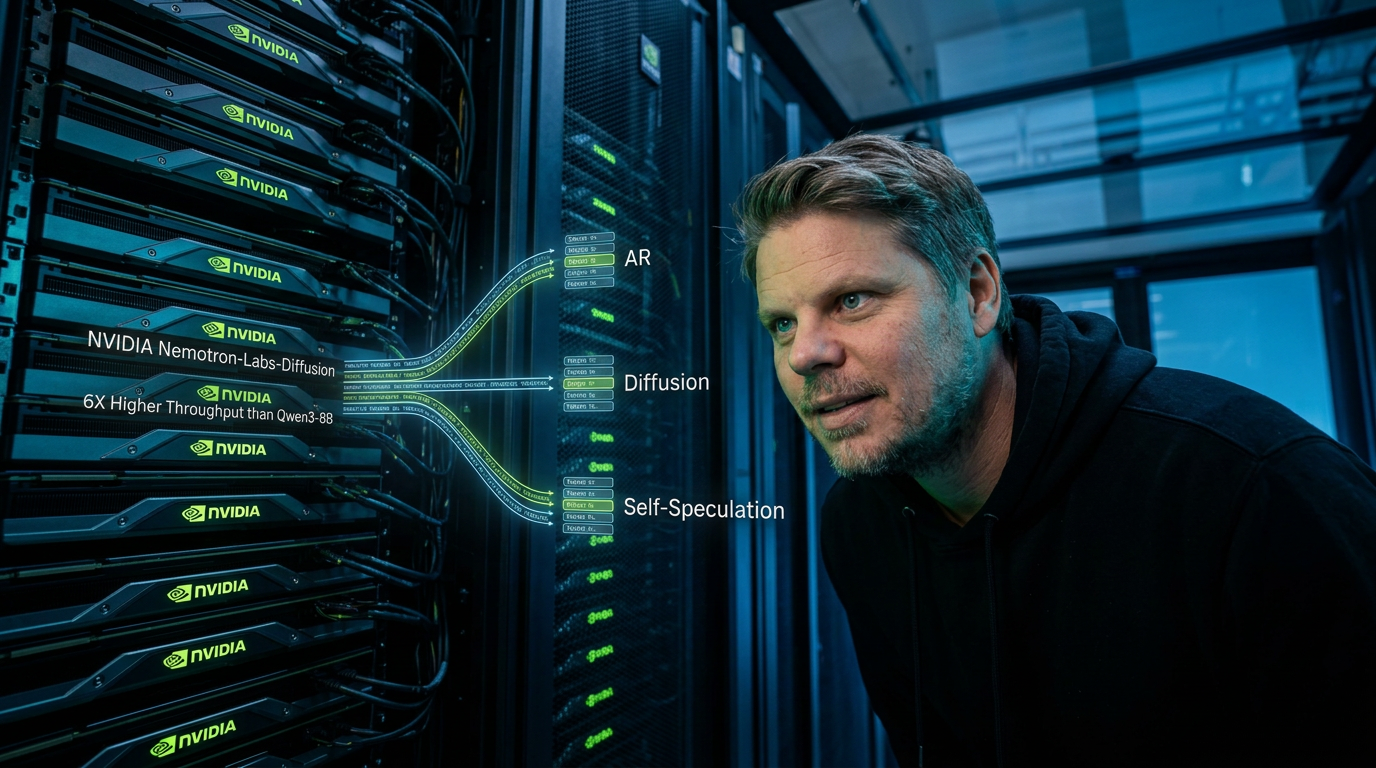 Jan Sverre undersøker holografisk visualisering av Nemotron-Labs-Diffusion sine tre dekodingsmodus i NVIDIA serverrom