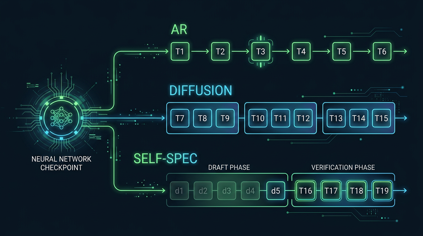 Diagram som viser de tre dekodingsmodusene i Nemotron-Labs-Diffusion: AR sekvensiell, Diffusion parallell, og Self-Speculation med verifisering