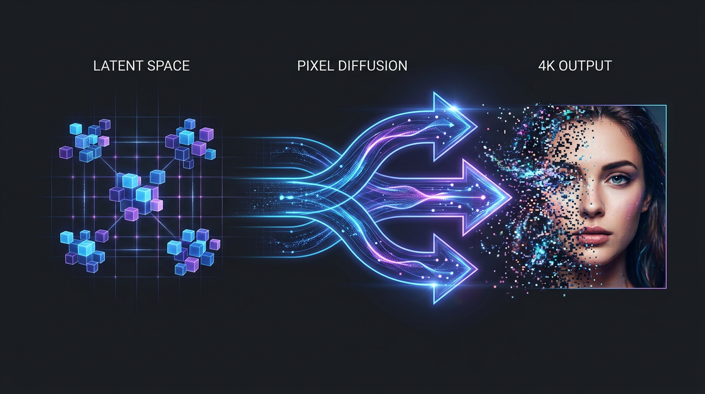 Teknisk diagram av latent space pipeline og pixel diffusion decoding prosess i Nvidia PiD
