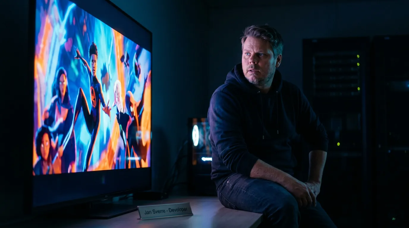 Jan Sverre ser på en AI-generert cinematic film laget av en open source pipeline med FLUX.2 og Wan2.2