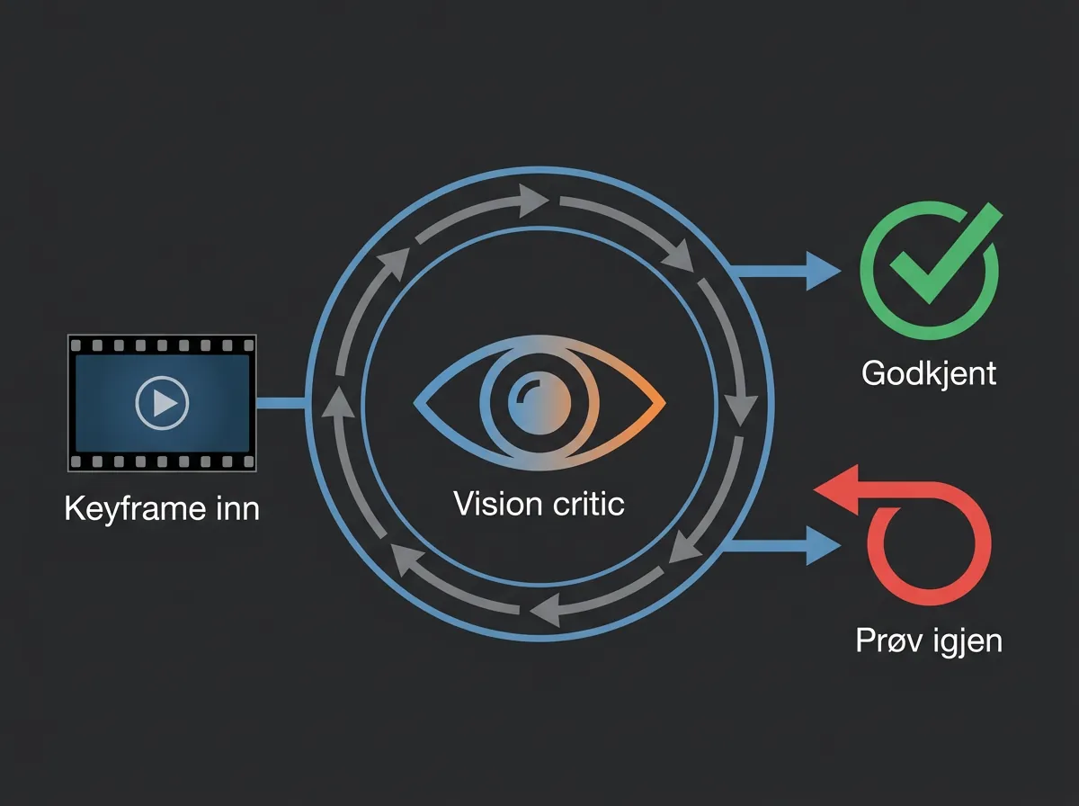 Illustrasjon av Vision Critic auto-retry systemet som sjekker keyframes mot karakterspesifikasjoner og gjentar generering ved behov