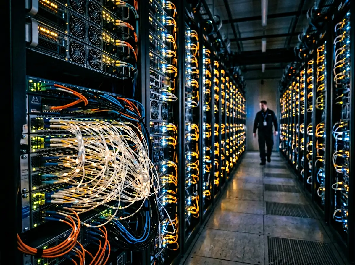 Massivt AI-datacenter med GPU-racker og fiberoptiske kabler som illustrerer skalaen til storskala AI-treningsinfrastruktur