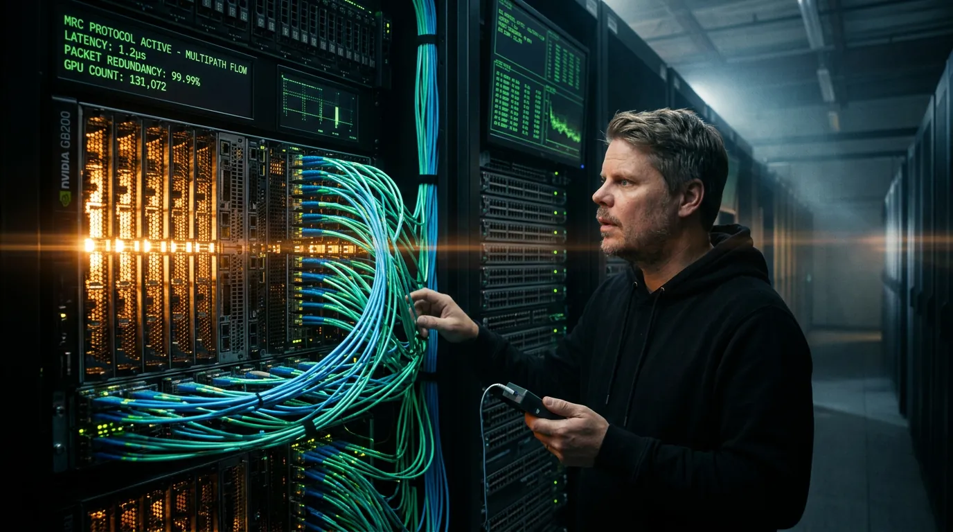 Jan Sverre inspiserer et massivt AI-datacenter med GPU-racker og fiberoptiske kabler som visualiserer OpenAIs MRC-protokoll
