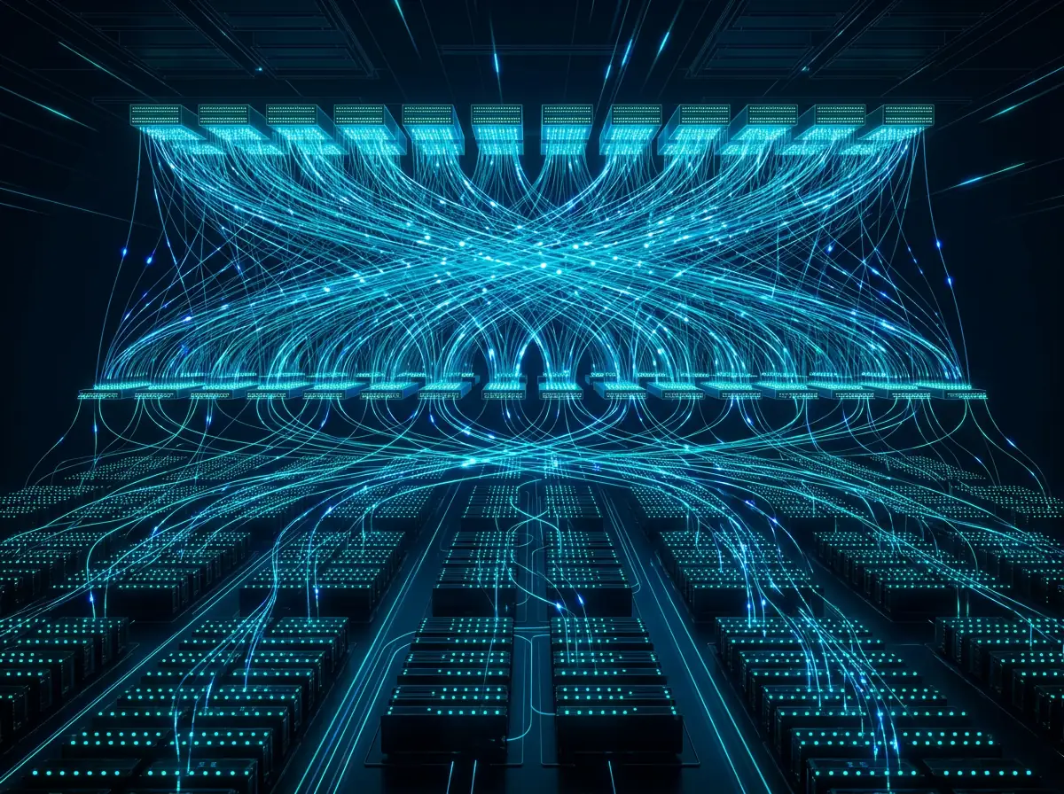 Nettverkstopologi-diagram som viser MRC to-nivå Ethernet-arkitektur med hundrevis av parallelle pakke-stier mellom GPU-er