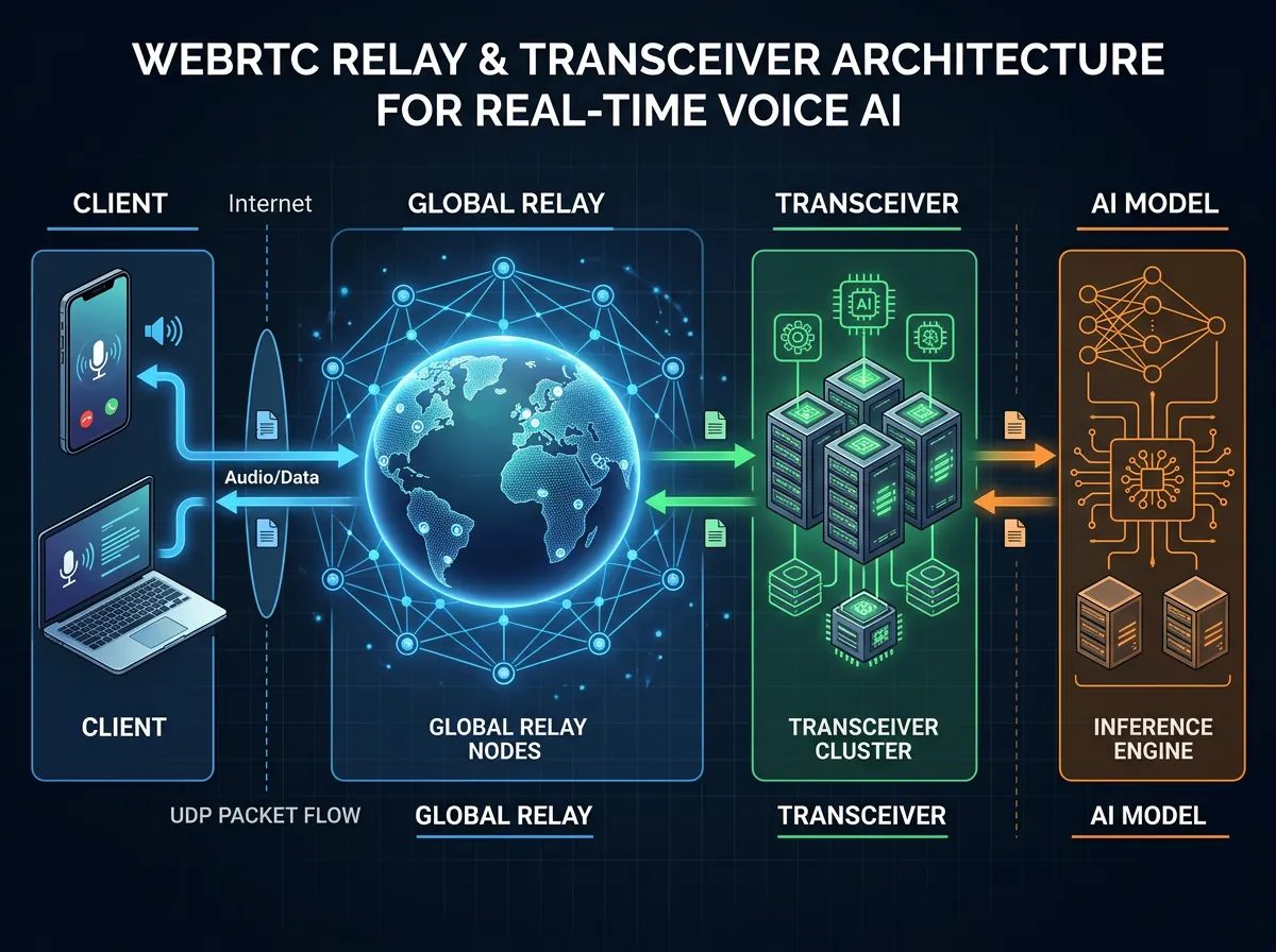 Diagram over OpenAIs WebRTC relay og transceiver-arkitektur med Global Relay-noder og AI-inferens-backend