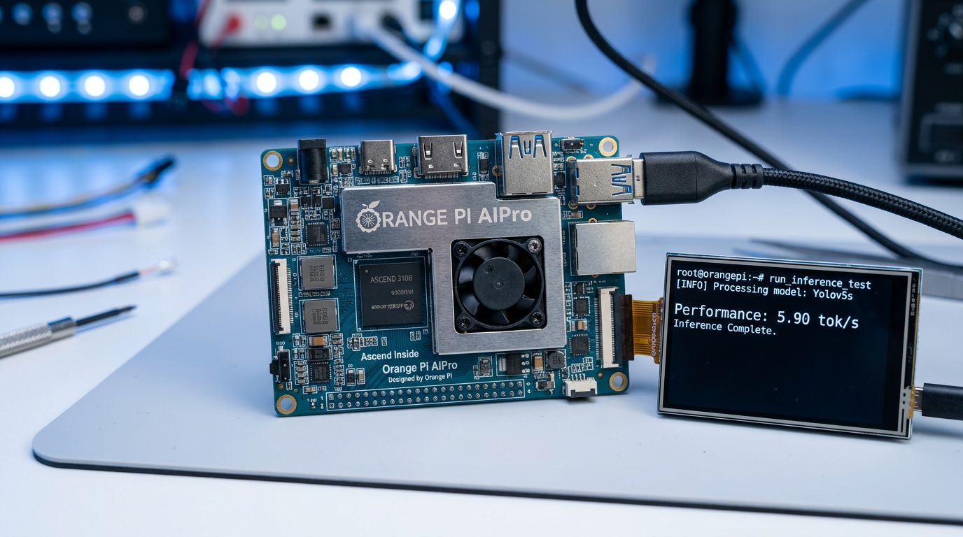 Orange Pi AIPro single-board computer med Ascend 310B NPU-brikke og terminaltekst som viser 5.90 tokens per sekund