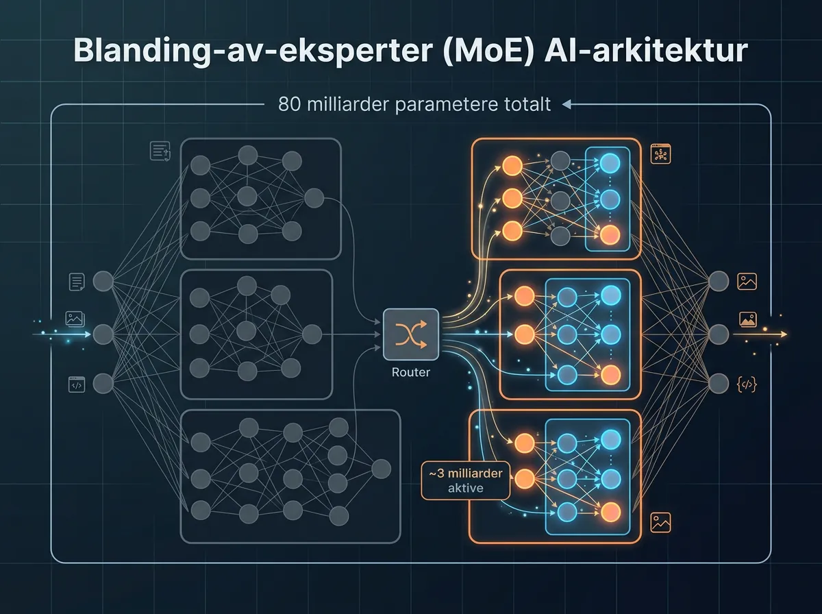 Infografikk som viser Mixture-of-Experts arkitektur med 80 milliarder totale og 3 milliarder aktive parametere