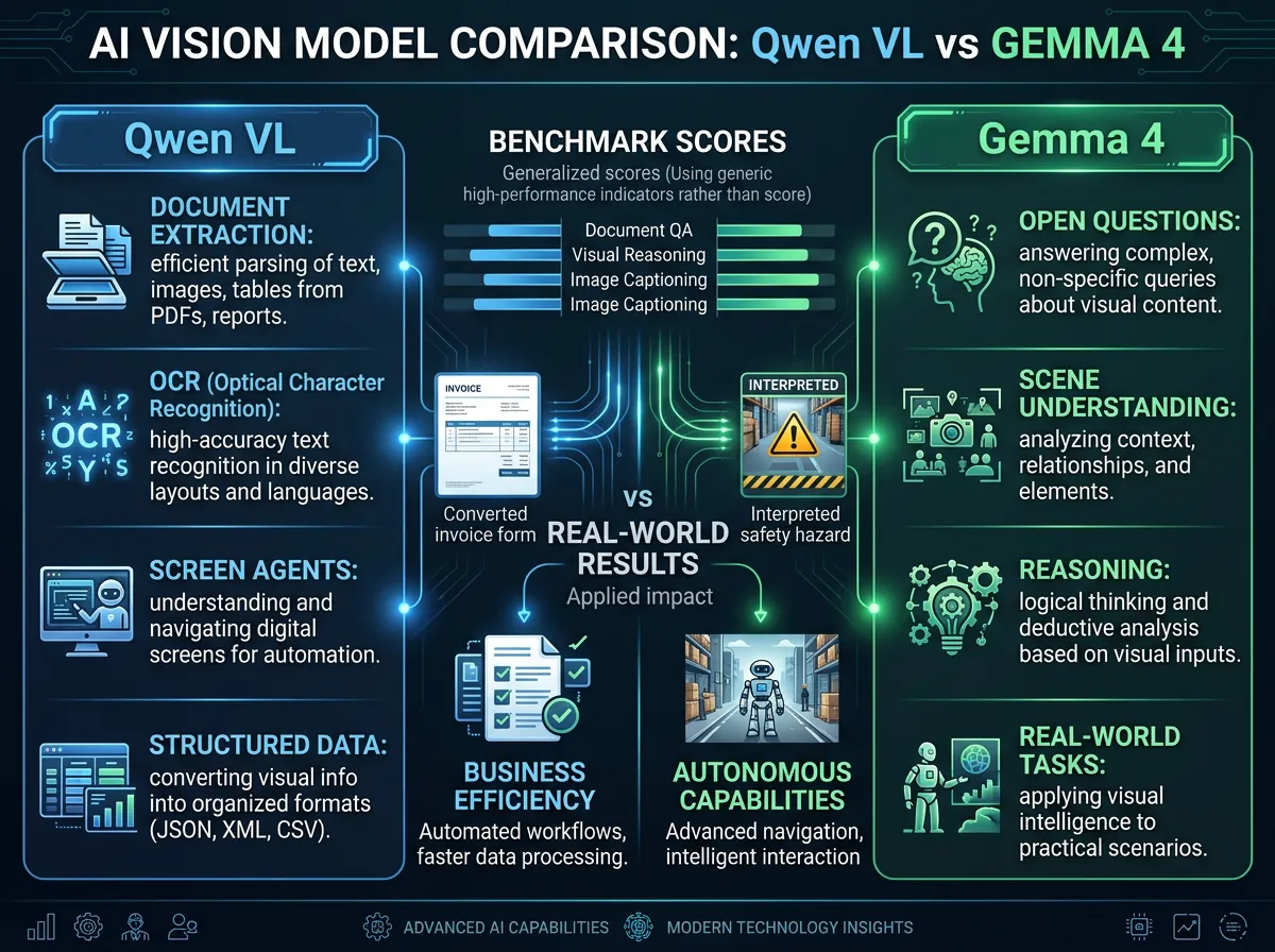 Infografik som sammenligner Qwen VL og Gemma 4 sine styrker og svakheter for vision-oppgaver
