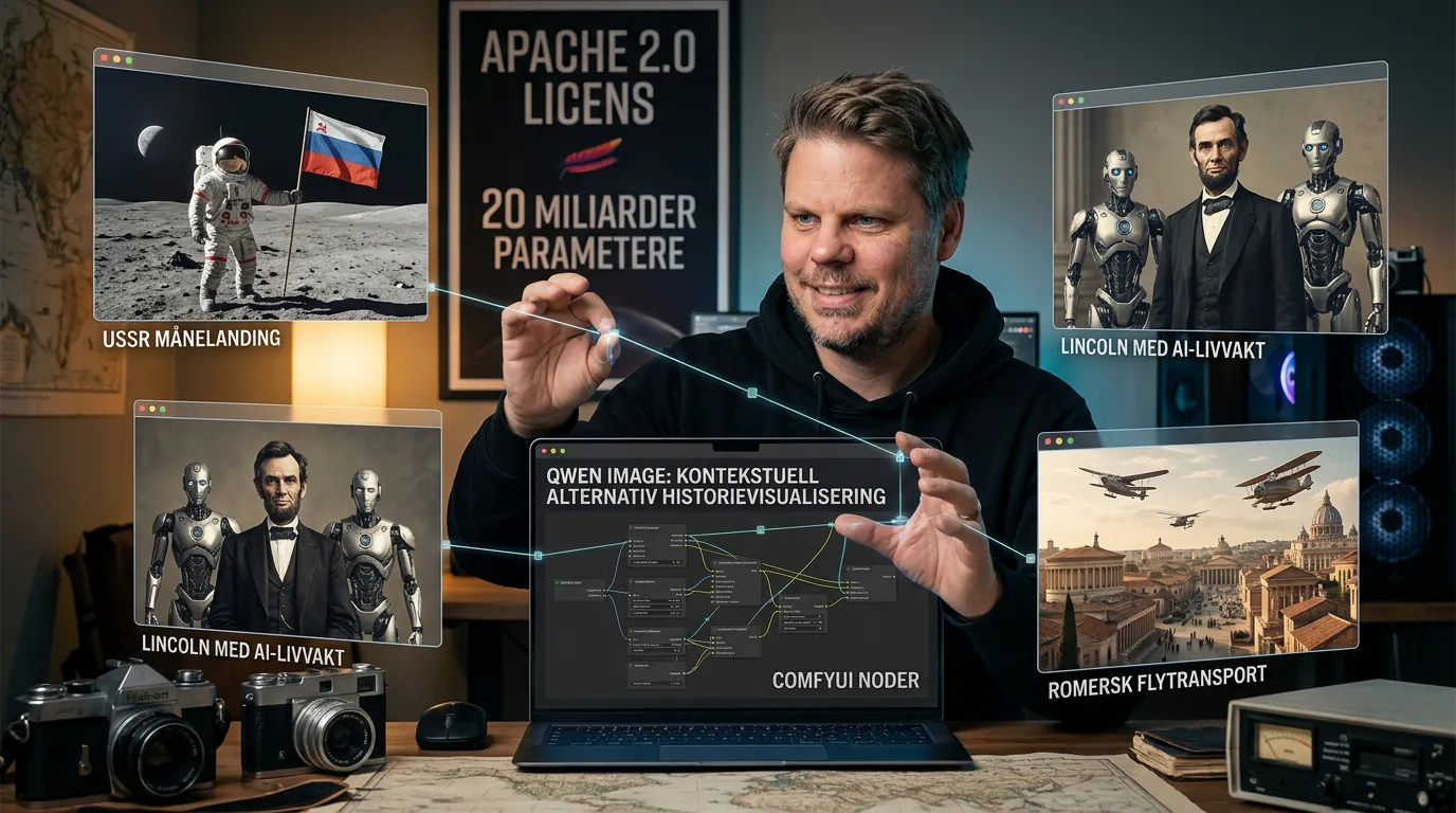 Mann i hettegenser utforsker alternativ historievisualisering med Qwen Image AI-oppsett og ComfyUI på skjerm