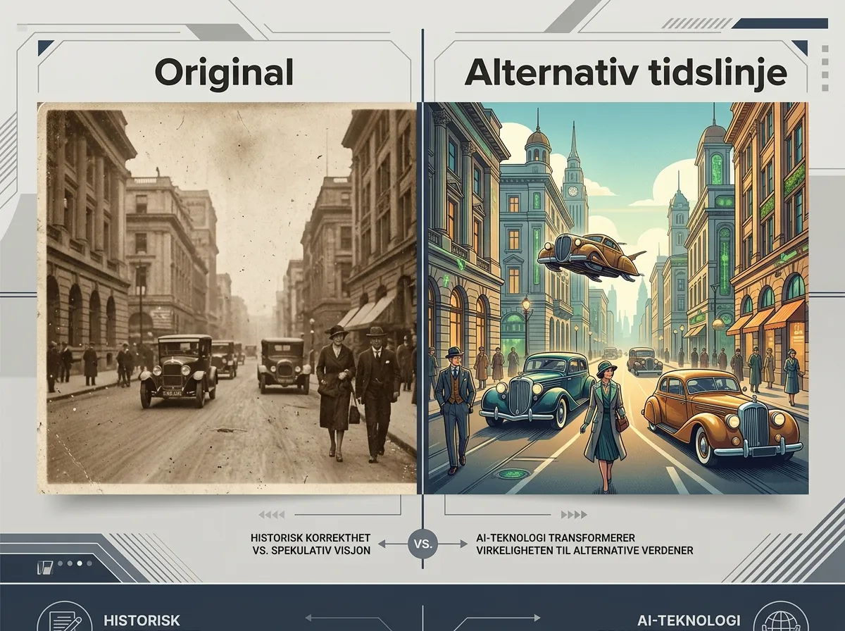 Sammenligning av originalt historisk fotografi og AI-generert alternativ historieversjon laget med Qwen Image