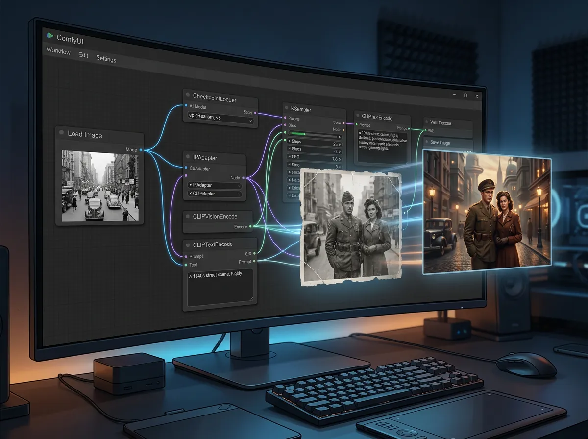 ComfyUI nodegraf som viser Qwen Image workflow for AI-bilderedigering av historiske fotografier