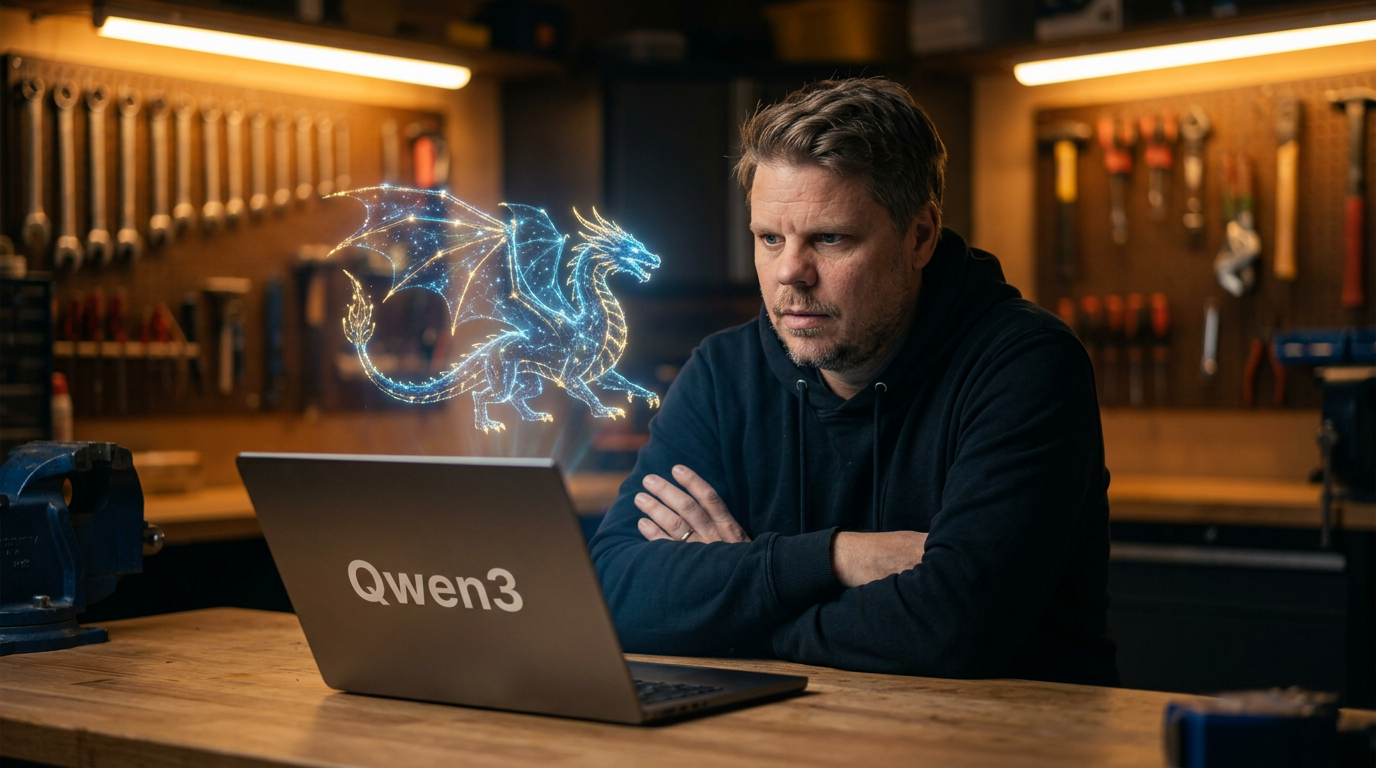 Jan Sverre ser på holografisk Qwen3-display i verkstedet - skeptisk men nysgjerrig blikk