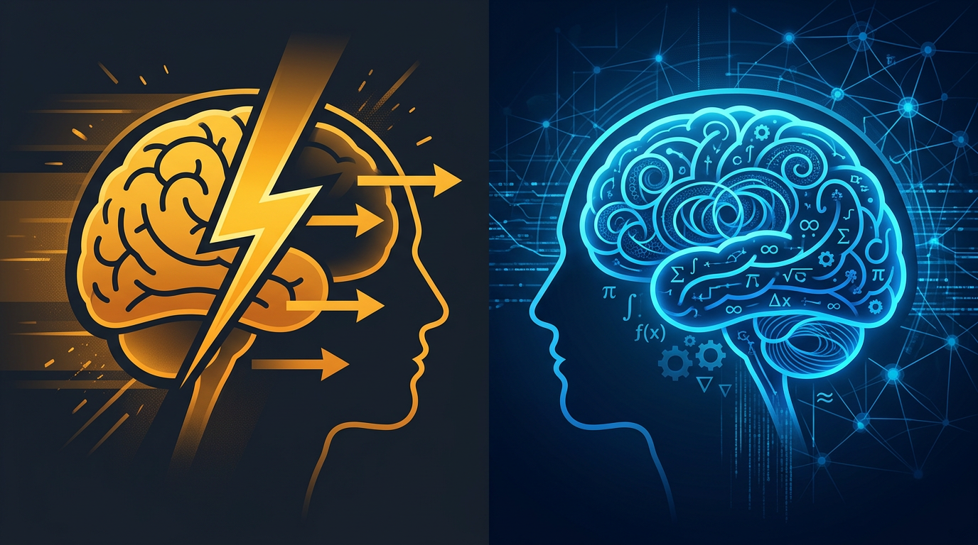 Illustrasjon av Qwen3 thinking mode versus rask chat mode - to ulike hjerne-tilstander