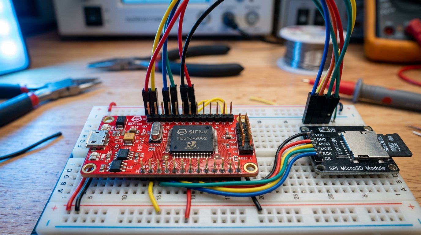 Nærbilde av RISC-V mikrokontroller på breadboard med jumperledninger og SD-kortmodul