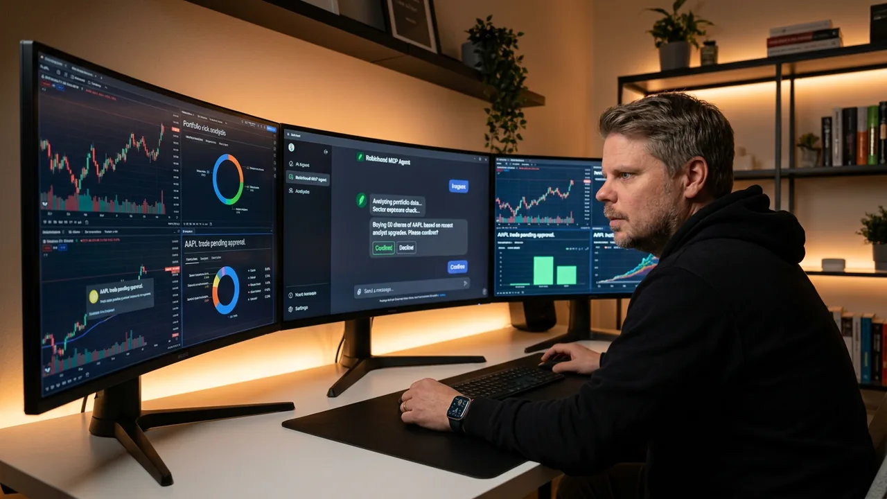 Jan Sverre Bauge ved et handelsbord med skjermer som viser AI-agent-handel i Robinhood