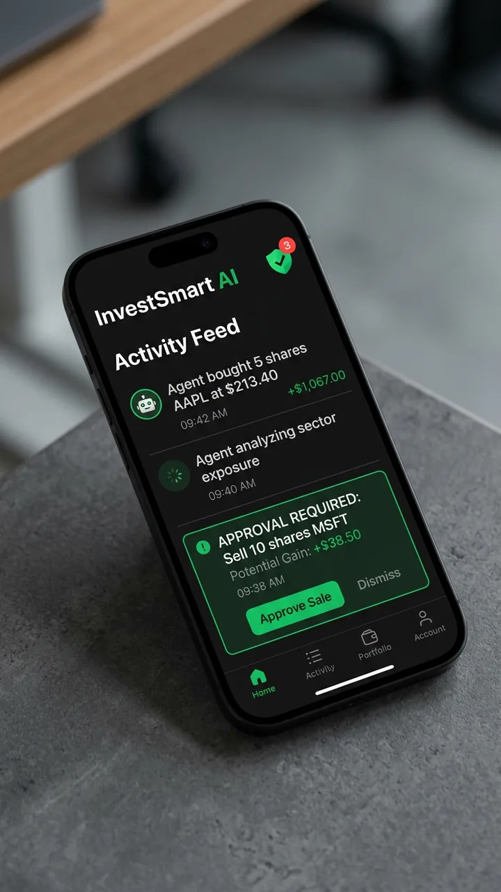 Mobilapp som viser AI-agent handelsvarsler og godkjenning av transaksjoner