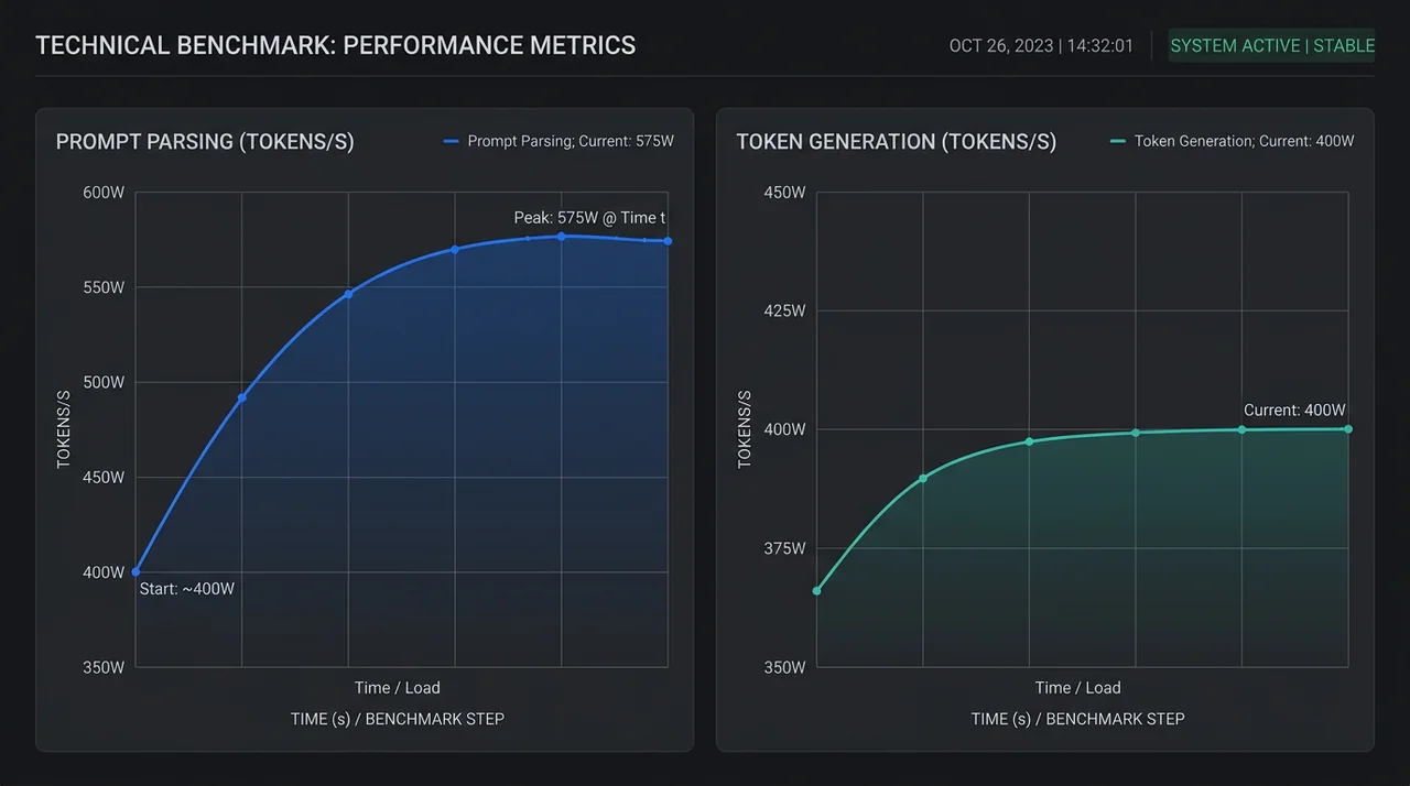 Benchmarkgrafer som viser prompt parsing og token-generering ved ulike strømnivåer på RTX 5090