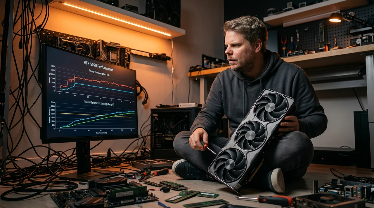 Jan Sverre sitter i et hjemmelaboratorium omgitt av GPU-er og benchmarkgrafer på skjermen