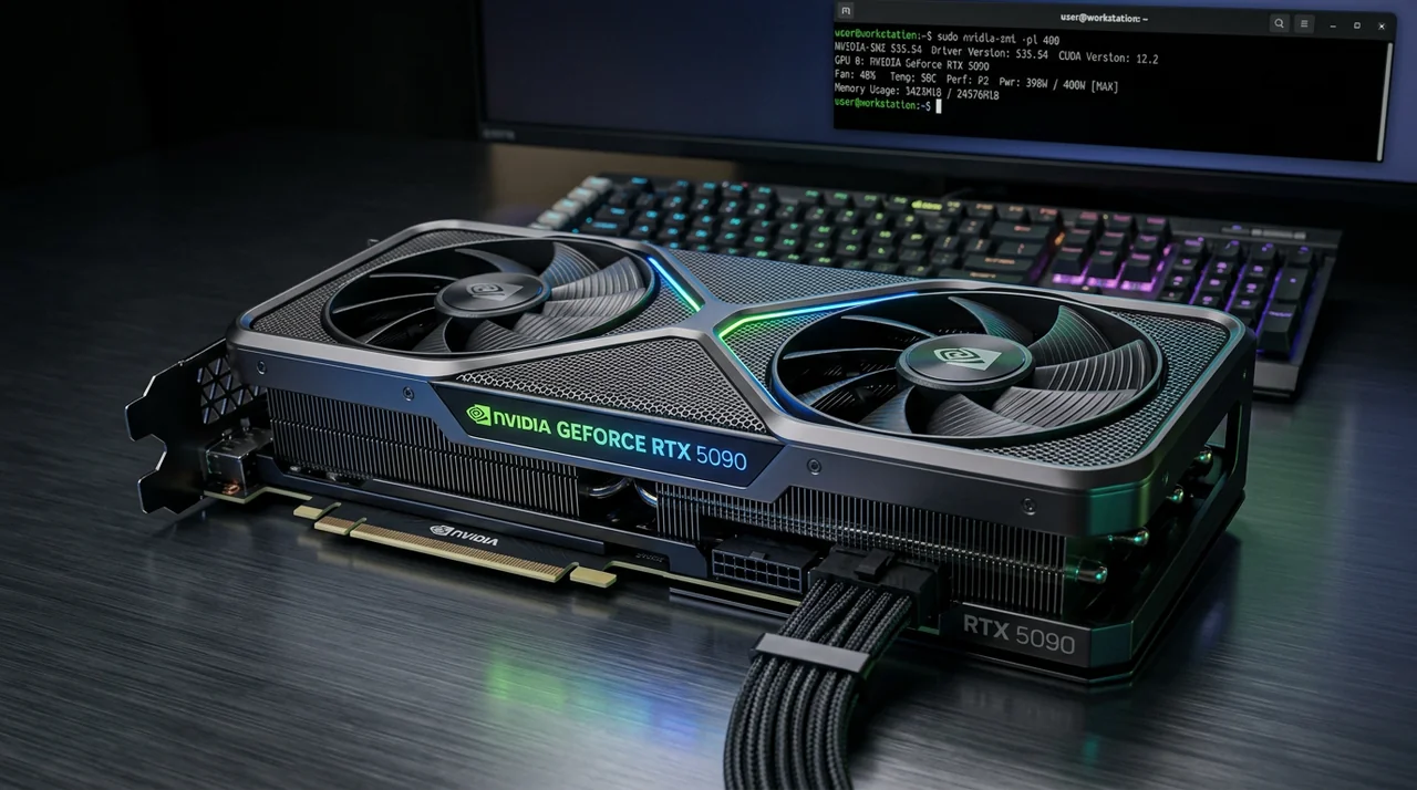 RTX 5090 grafikkort med nvidia-smi strømbegrensning kommando på terminal i bakgrunnen