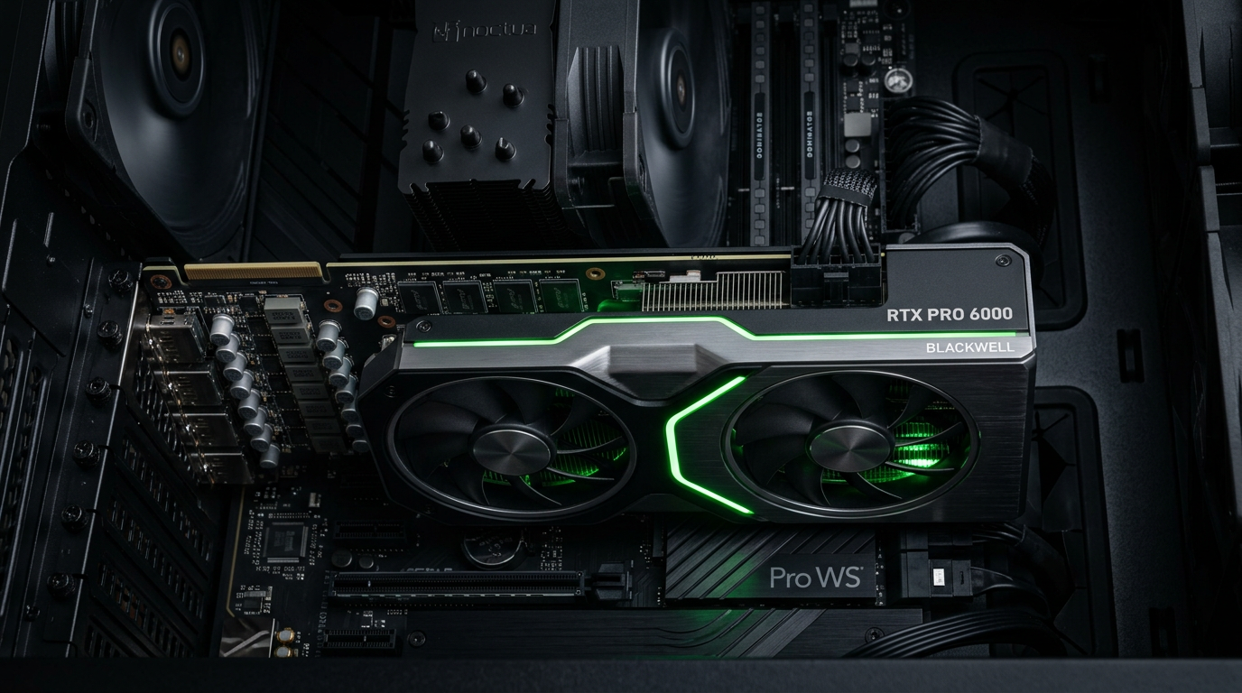 RTX Pro 6000 Blackwell GPU installert i workstation - 1 800 GB/s minnebåndbredde for lokal AI-inferens