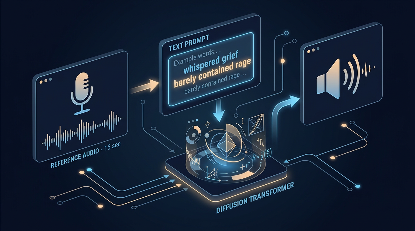 Teknisk diagram over Scenema Audio sin AI-pipeline med referanselyd, tekstprompt og diffusjonstransformer